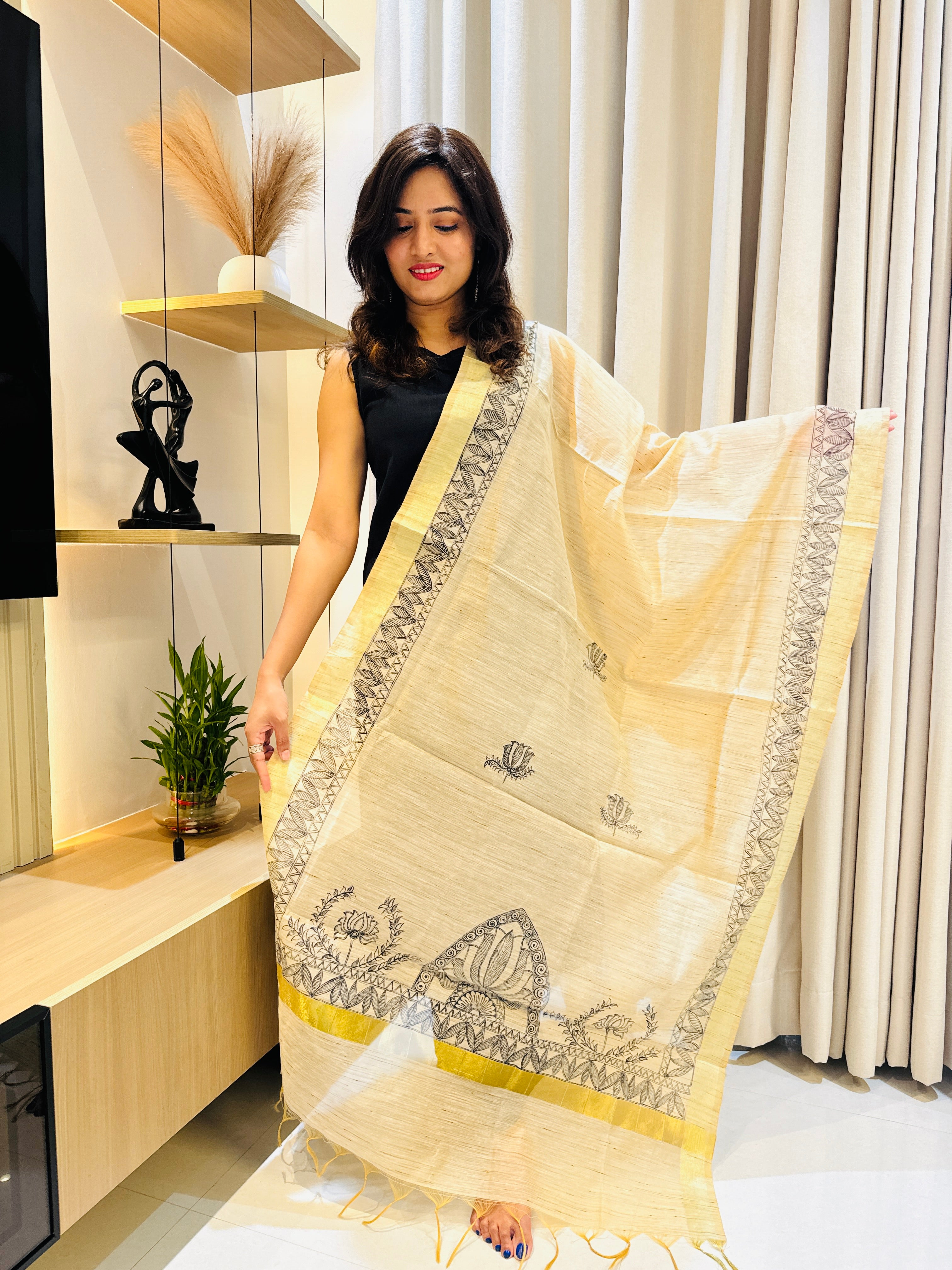 Madhubani Hand-painted Cotton Silk Dupatta - Beige