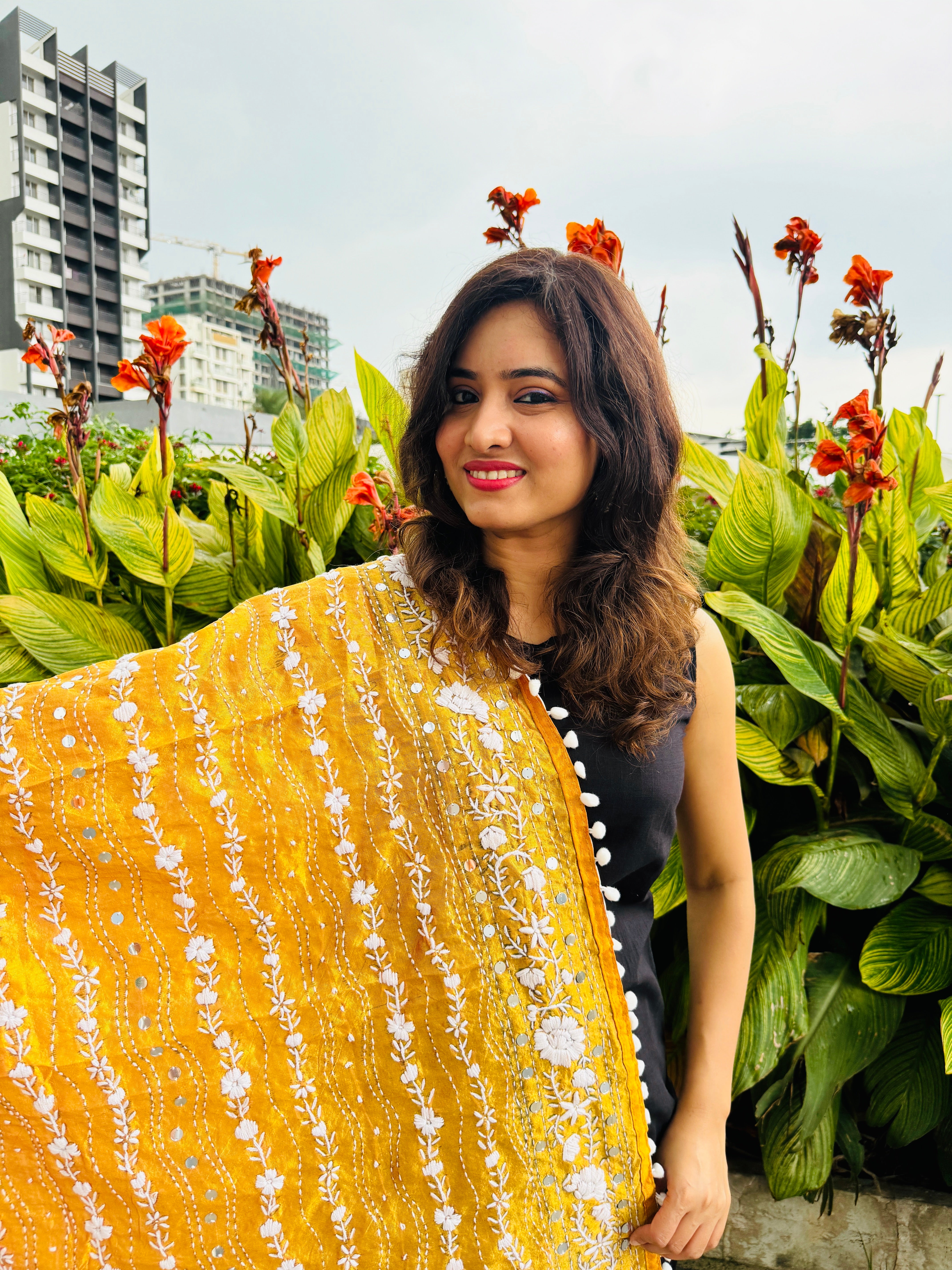 Hand-Embroidered Chanderi Dupatta with Pompom - Yellow