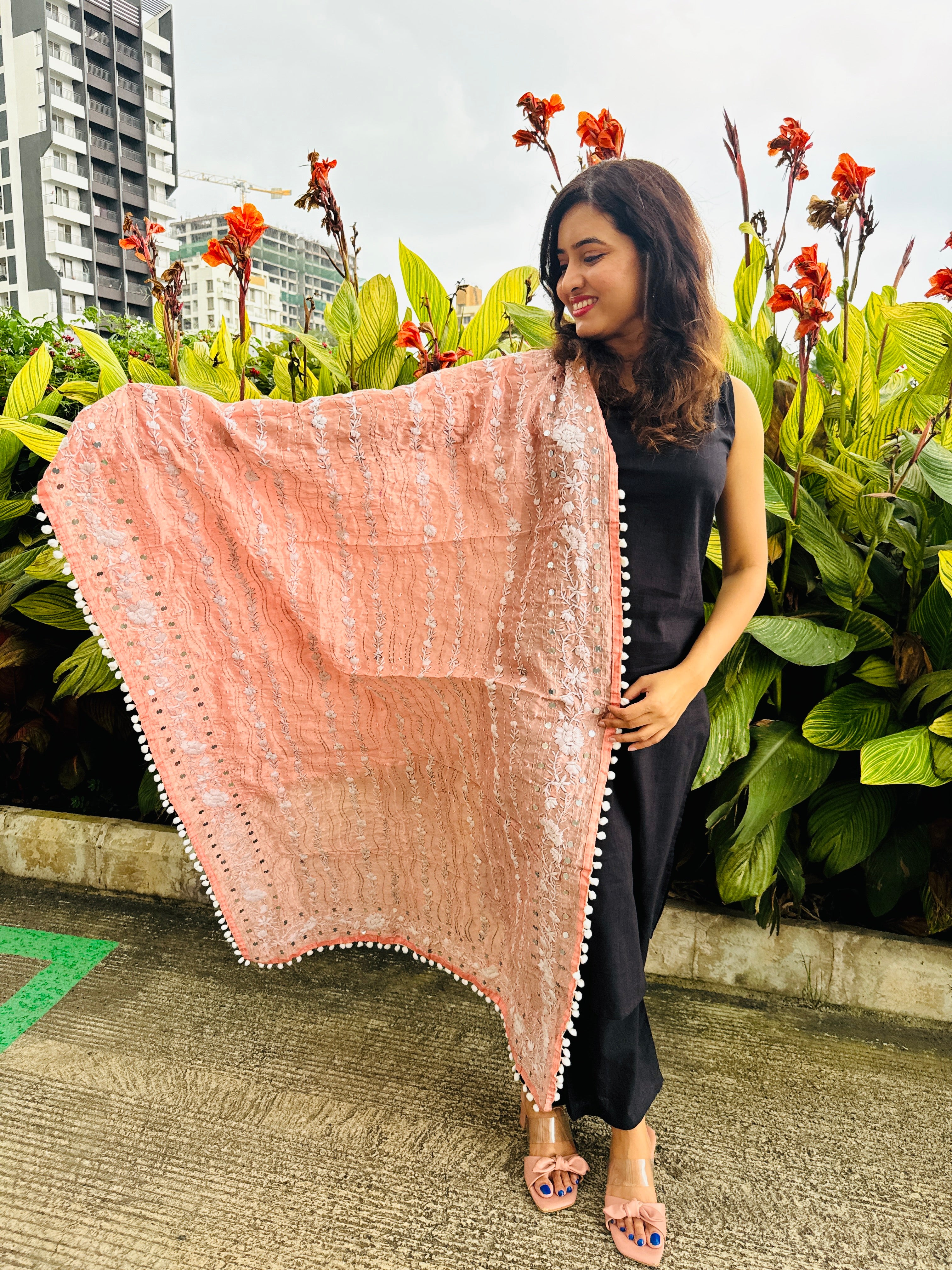 Hand-Embroidered Chanderi Dupatta with Pompom - Peach