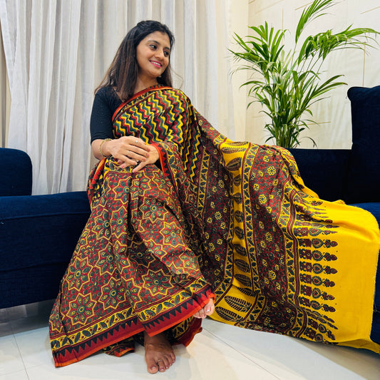 Modal Silk Ajrakh Saree - Yellow