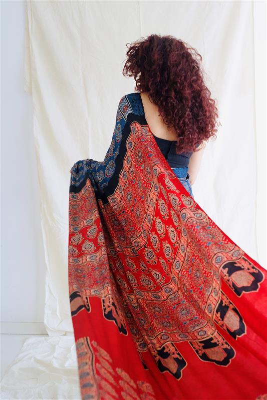 Modal Silk Ajrakh Saree With Natural Dyes - Indigo With Red