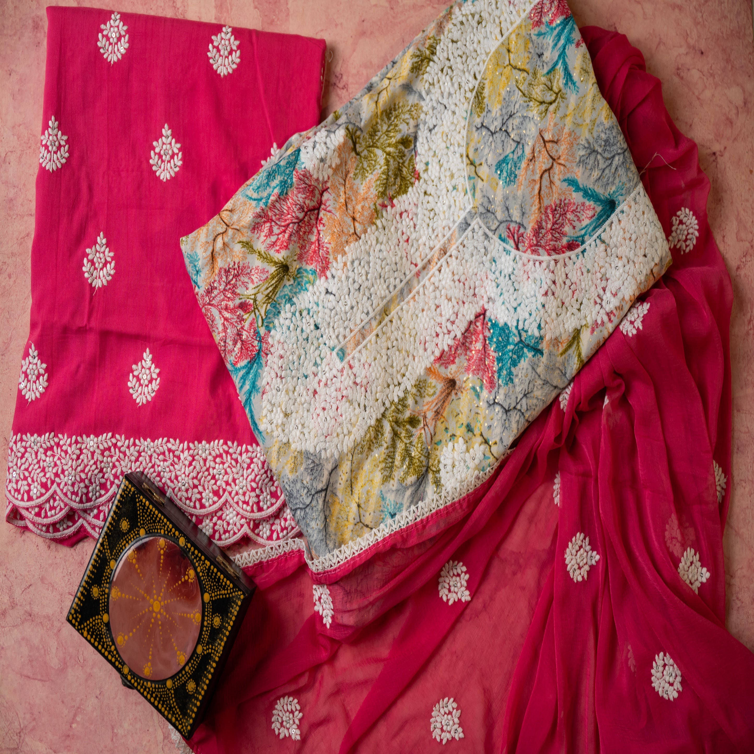 Pure Soft Cotton Unstitched Dyeable Suit Material - Multicolour with Hot Pink Chiffon Dupatta