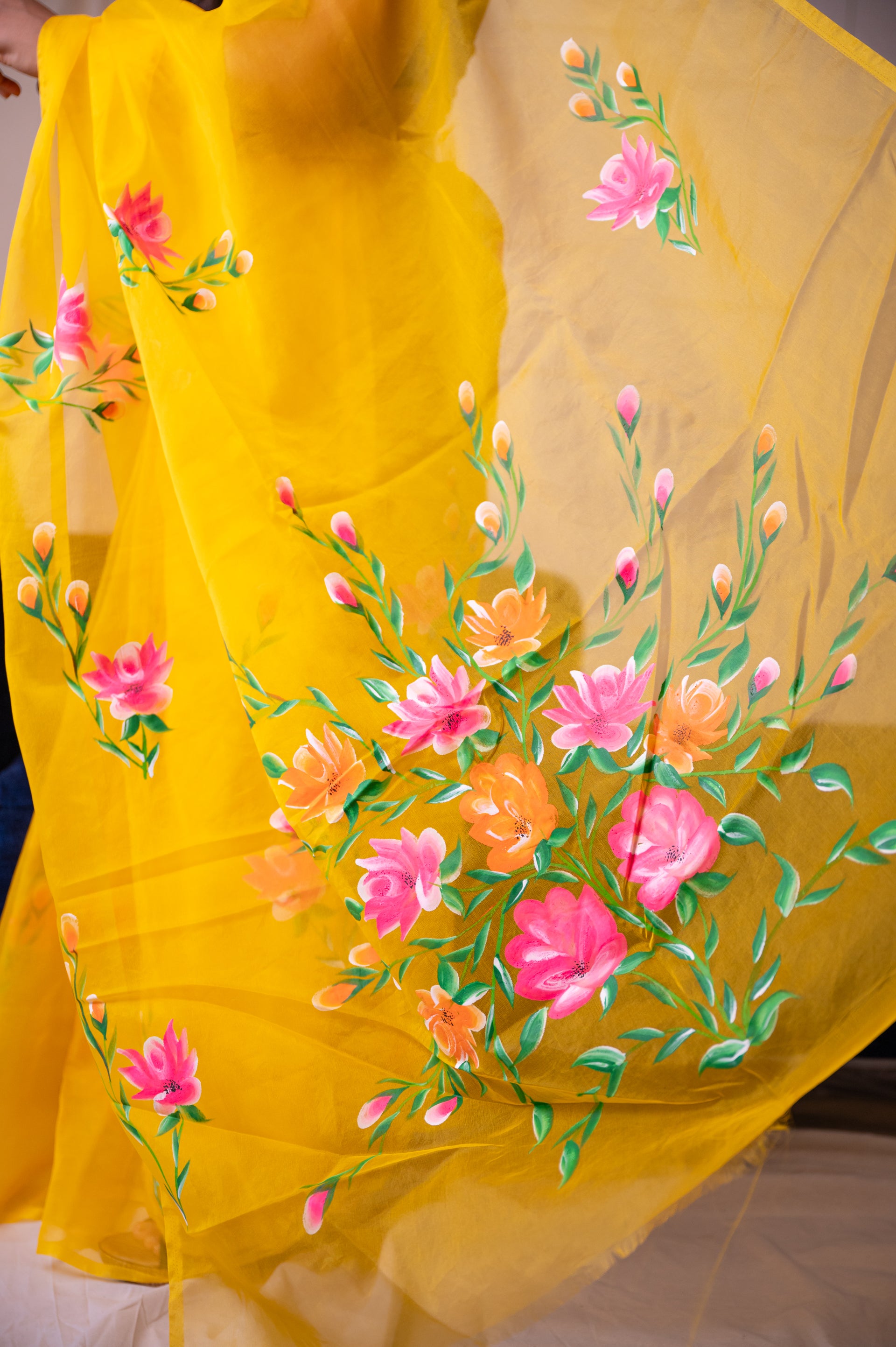 Organza Hand-Painted Saree with Flowers - Yellow