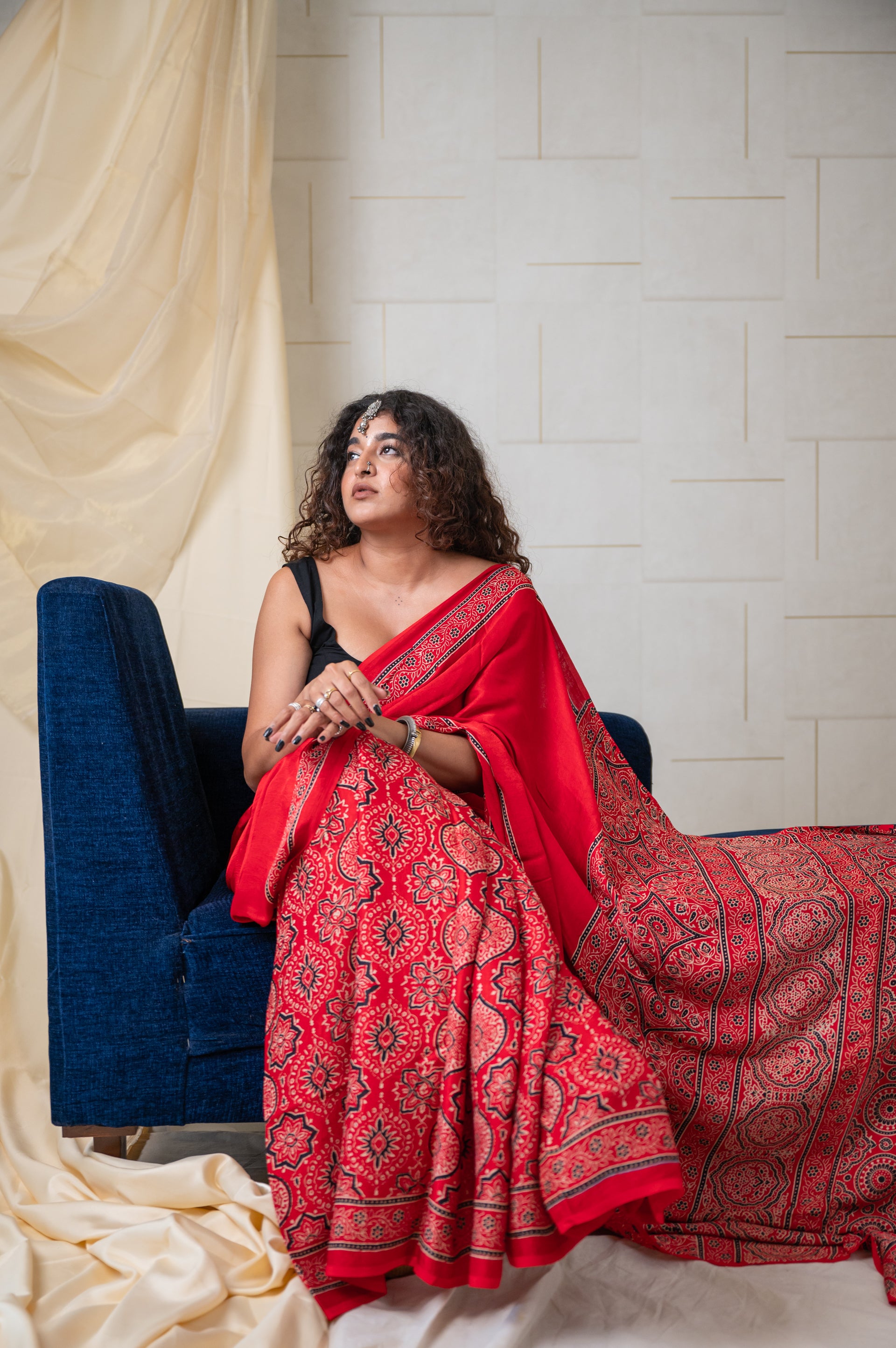 Modal Silk Ajrakh Saree With Hand Block - Red