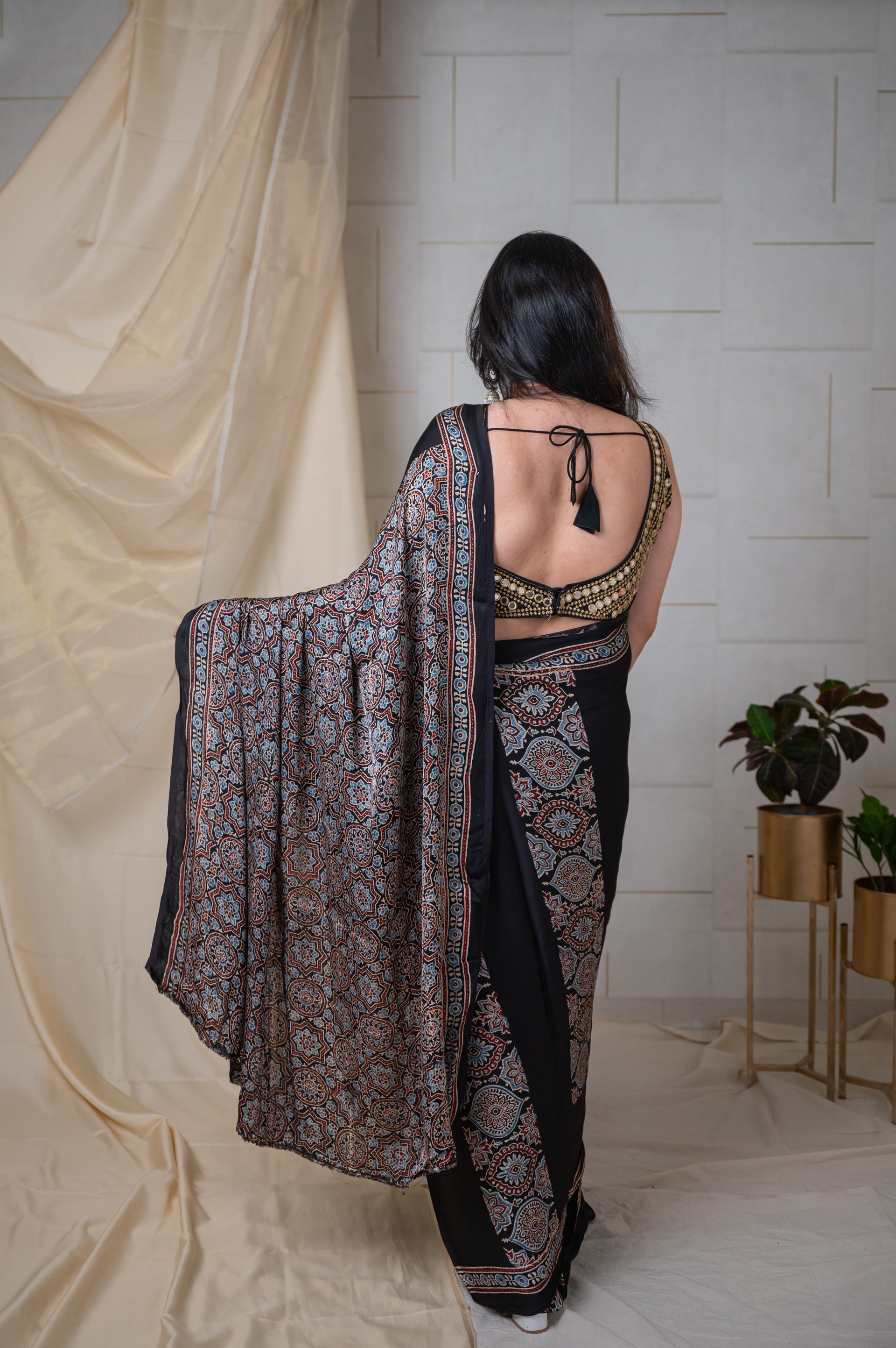 Modal Silk Ajrakh Saree With Natural Dyes - Black With Panels