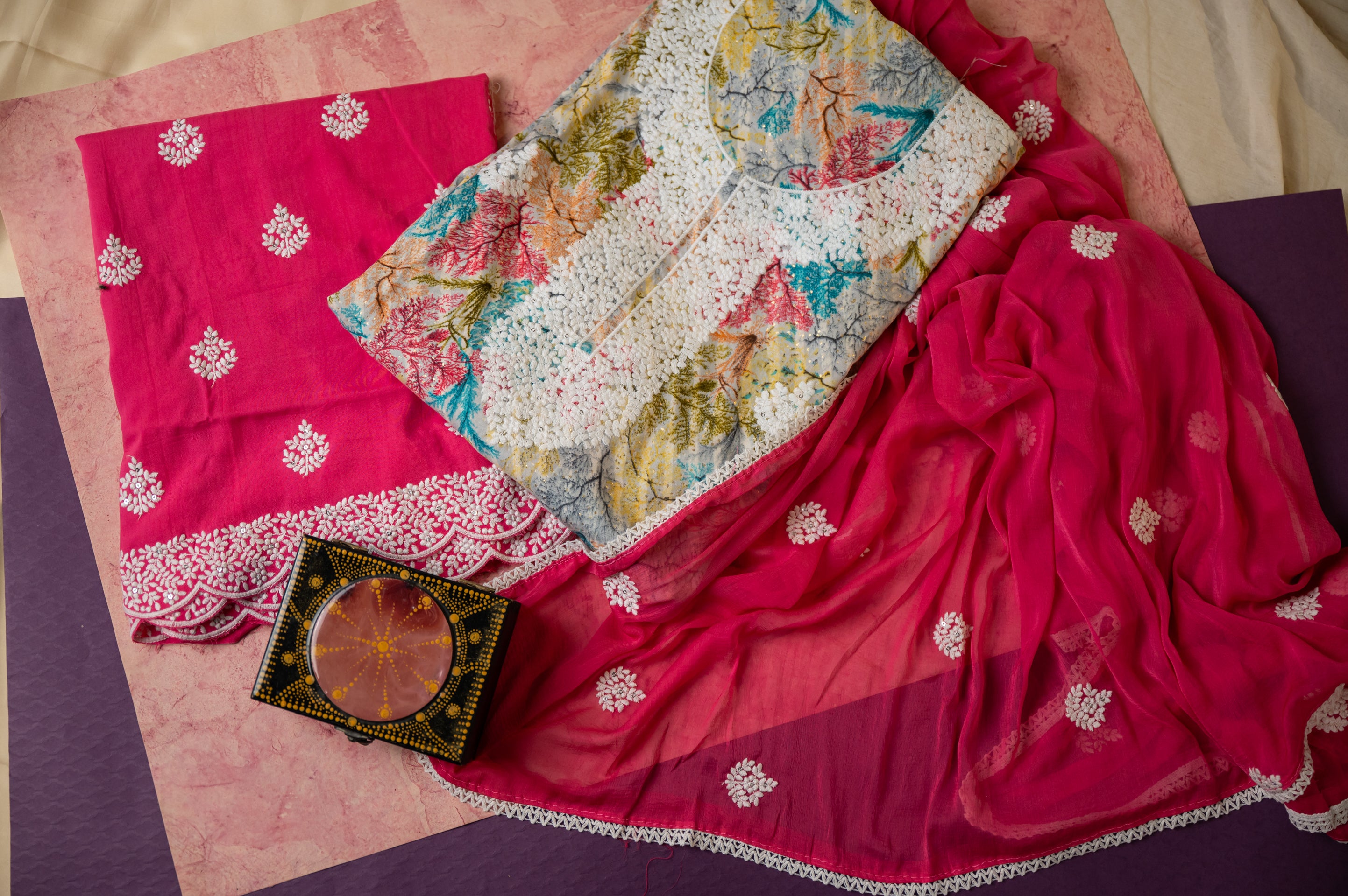 Pure Soft Cotton Unstitched Dyeable Suit Material - Multicolour with Hot Pink Chiffon Dupatta