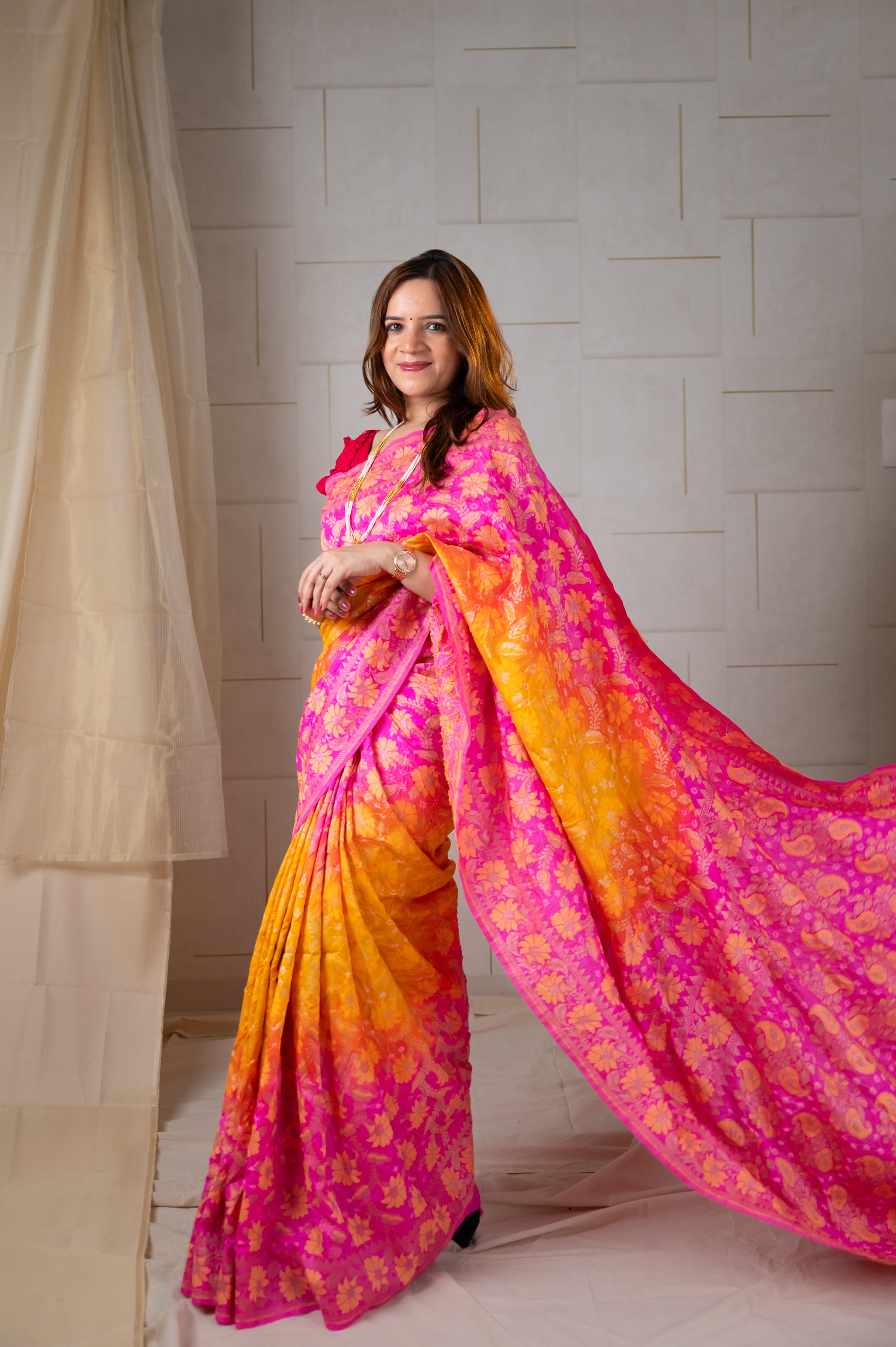 Dupion Silk Banarasi Weave with Bandhani Saree - Pink and Yellow