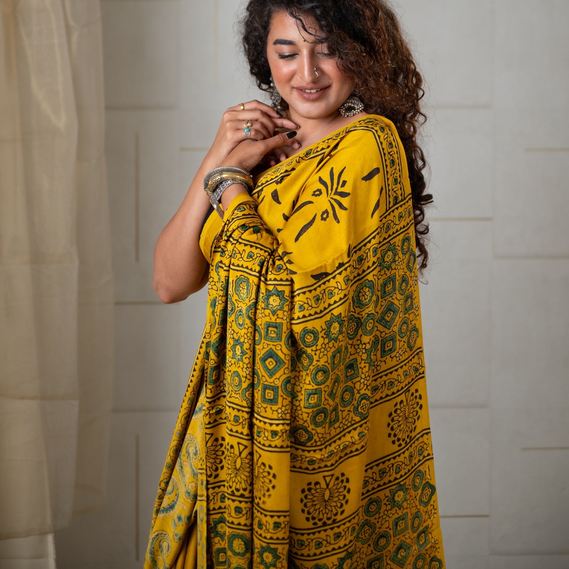 Modal Silk Ajrakh Saree With Natural Dyes - Yellow