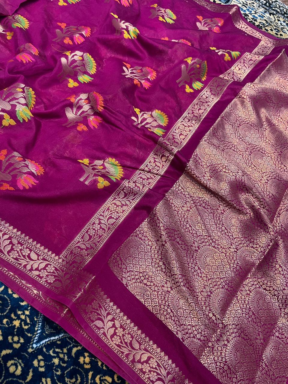 Banarasi Semi Georgette Alfi Saree - Pink, Red, Blue, Purple,Black,Purple