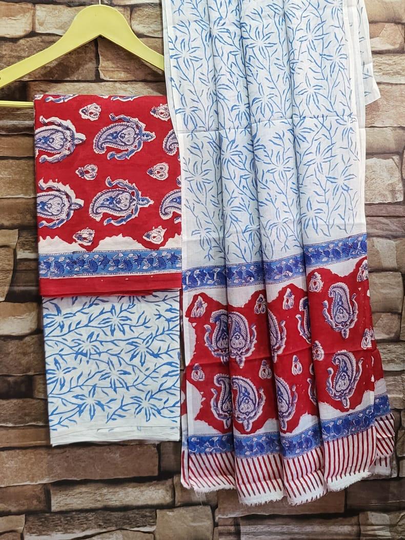 Pure hand block Cotton Bagru- Unstitched Suit Material Wirh beautiful soft dupatta