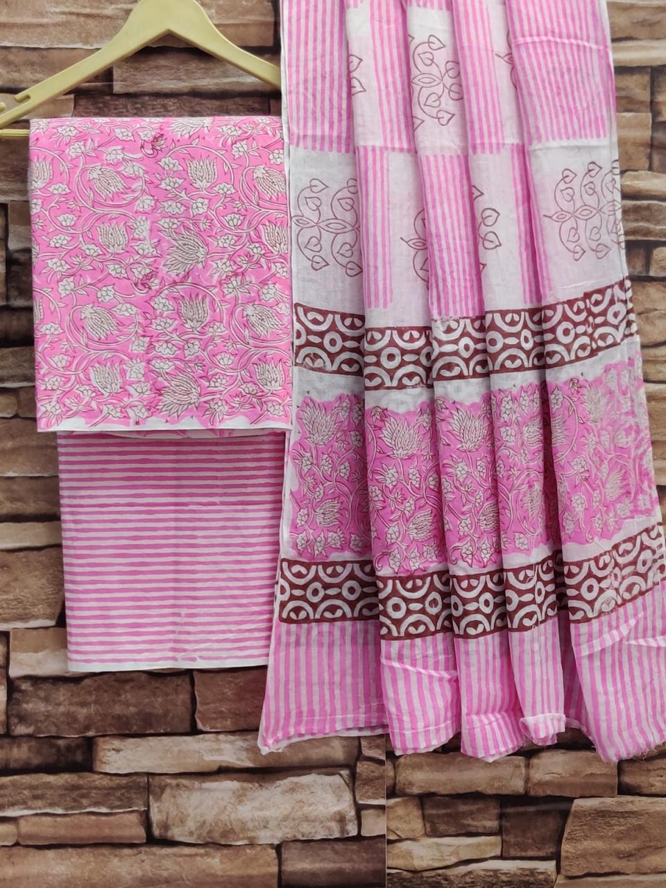 Pure hand block Cotton Bagru- Unstitched Suit Material Wirh beautiful soft dupatta