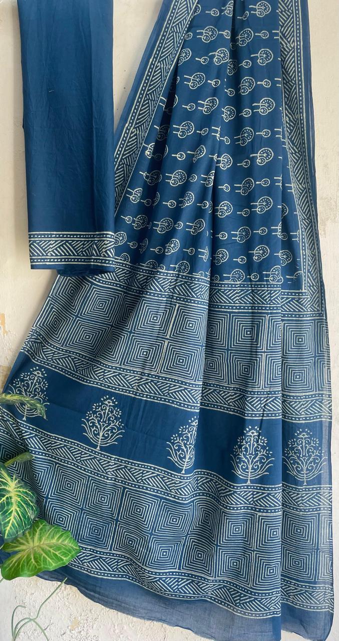 Bagru Hand-Block Saree Cotton - Blue