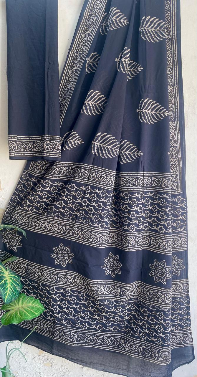 Bagru Hand-Block Saree Cotton - Blue