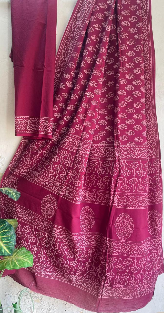 Bagru Hand-Block Saree Cotton -Red