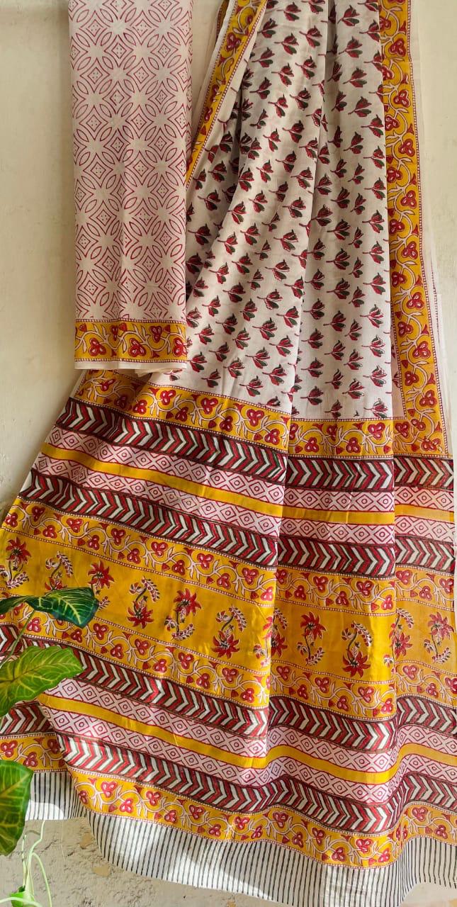 Bagru Hand-Block Saree Cotton -Yellow