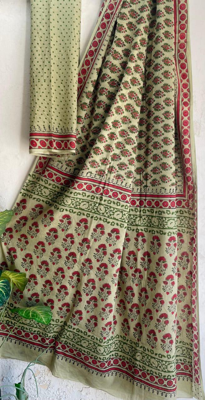 Bagru Hand-Block Saree Cotton -Green