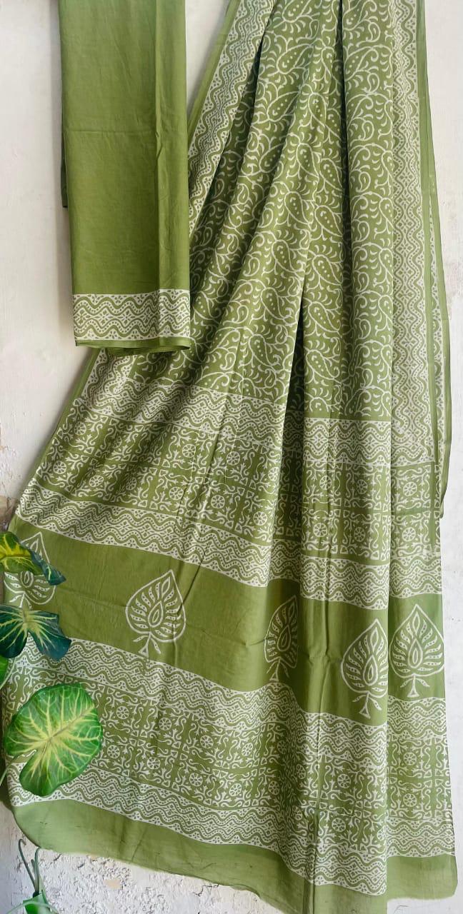 Bagru Hand-Block Saree Cotton -Green