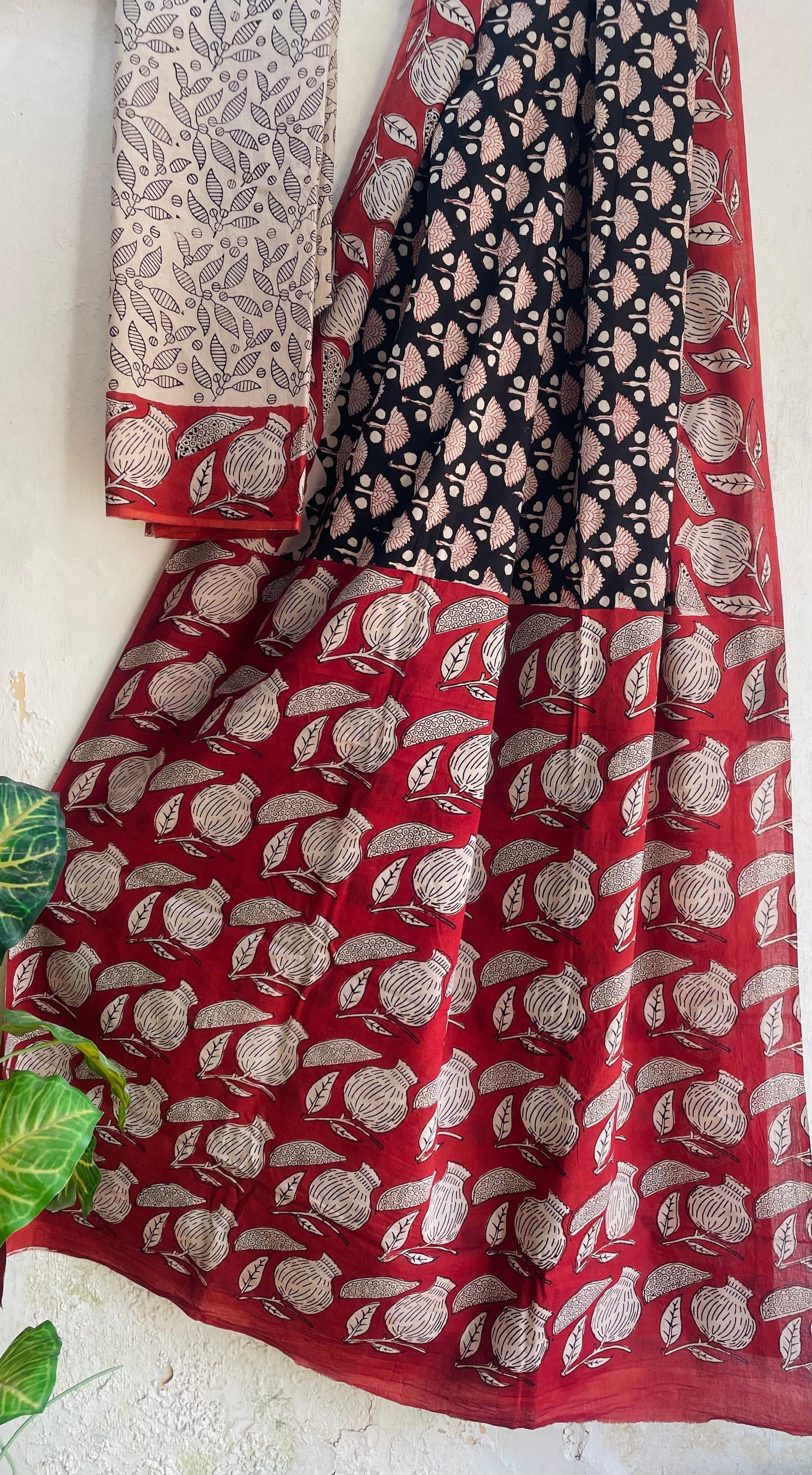 Bagru Hand-Block Saree Cotton -Black & Red