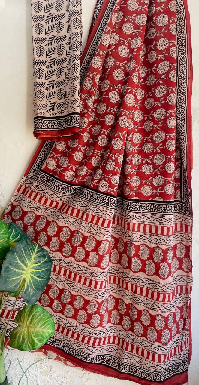 Bagru Hand-Block Saree Cotton -Black & Red