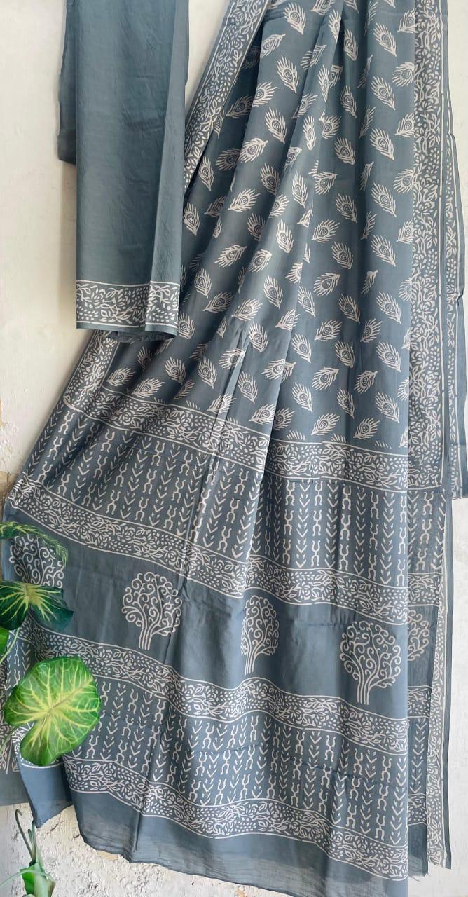 Bagru Hand-Block Saree Cotton - Grey shades