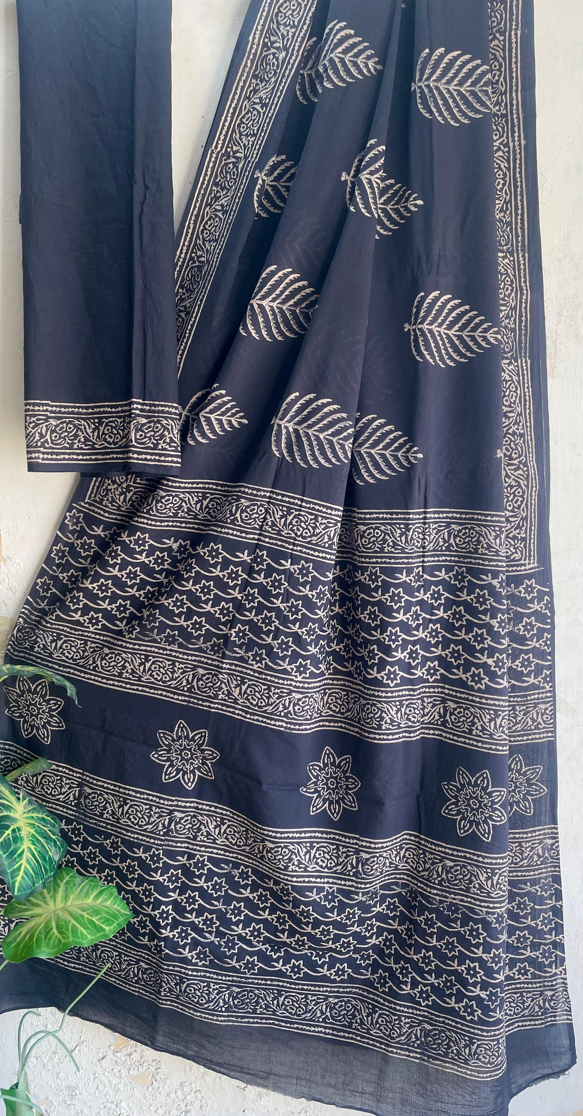 Bagru Hand-Block Saree Cotton - Grey shades