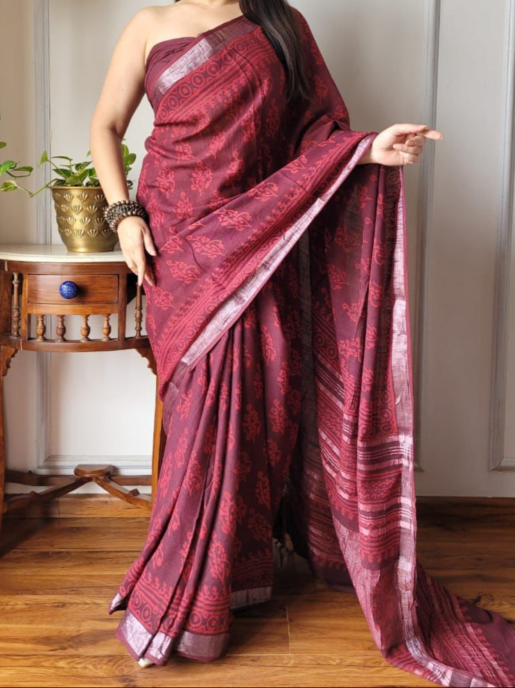 Pure hand block  printed Linen Sarees -Pink Shades