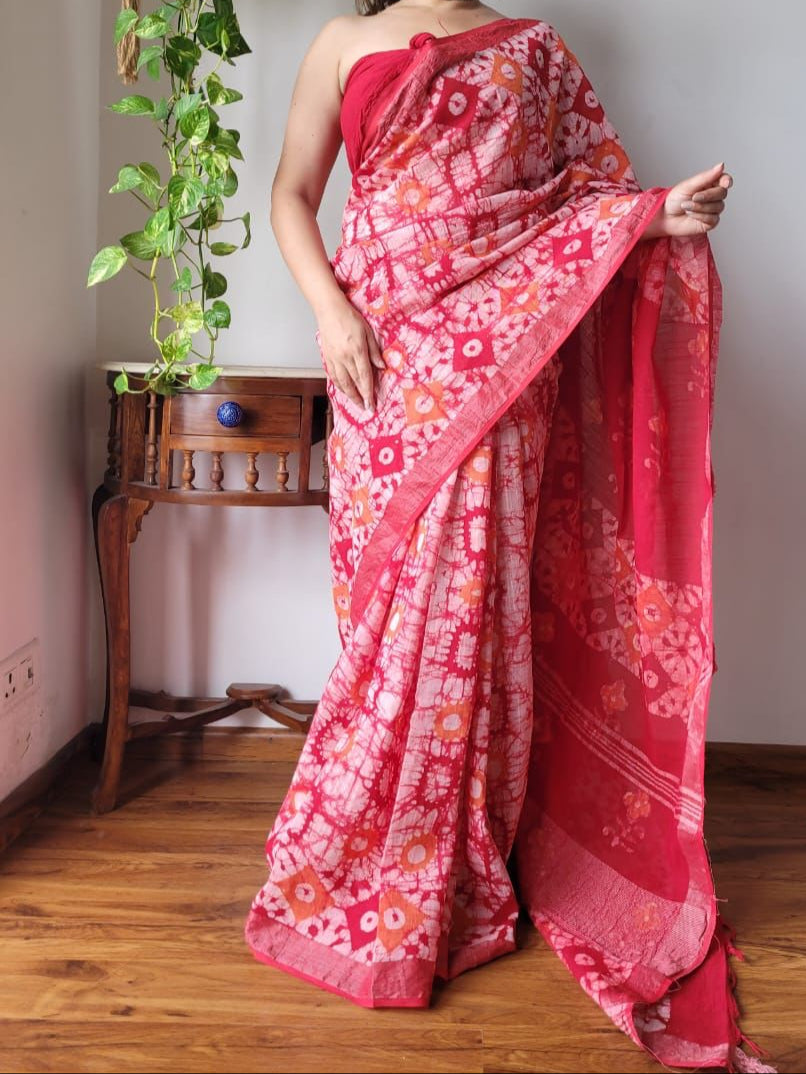 Pure hand block  printed Linen Sarees -Pink Shades