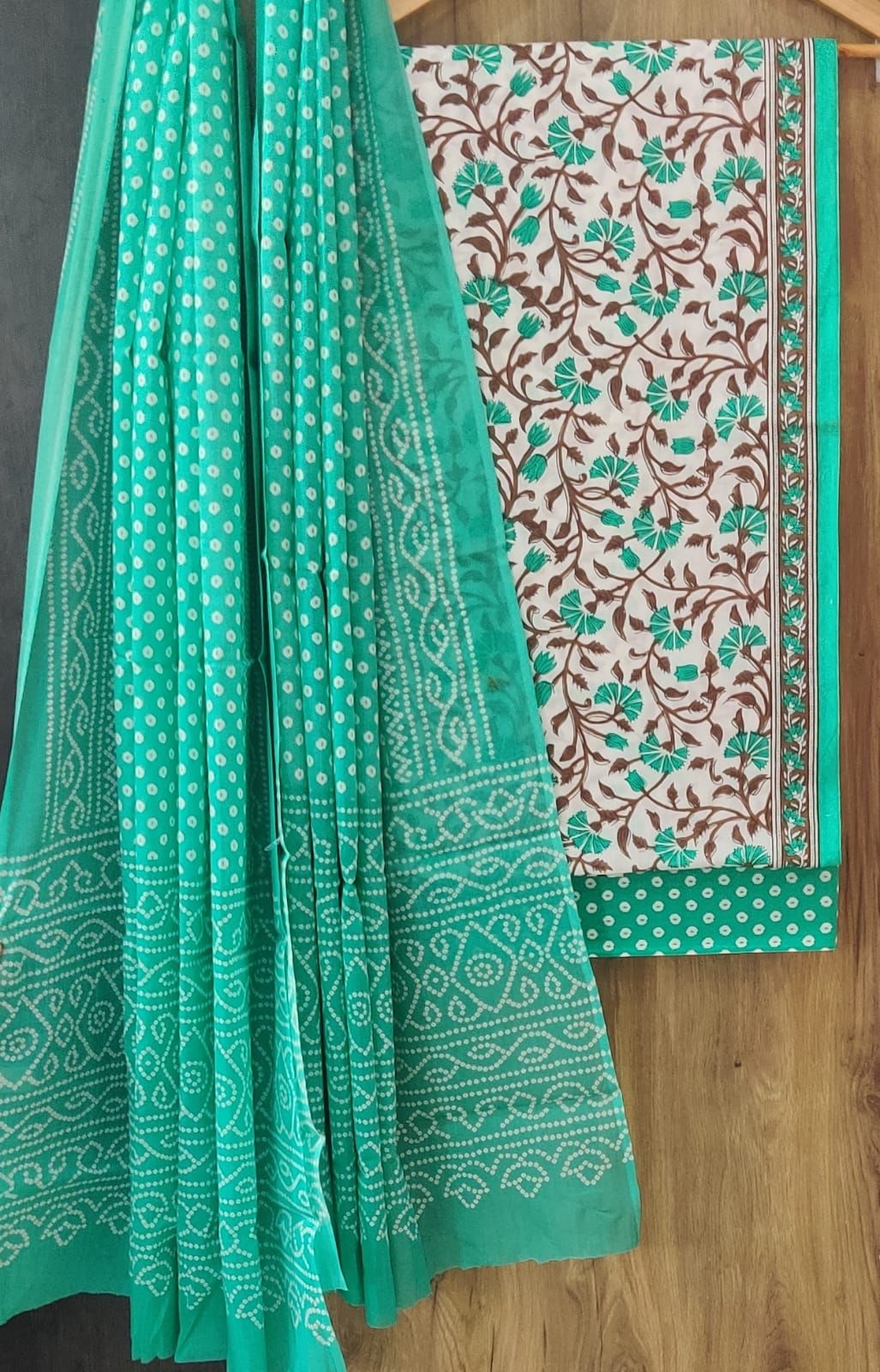 Pure hand block Cotton Bagru- Unstitched 3 piece Suit Material Blue Green