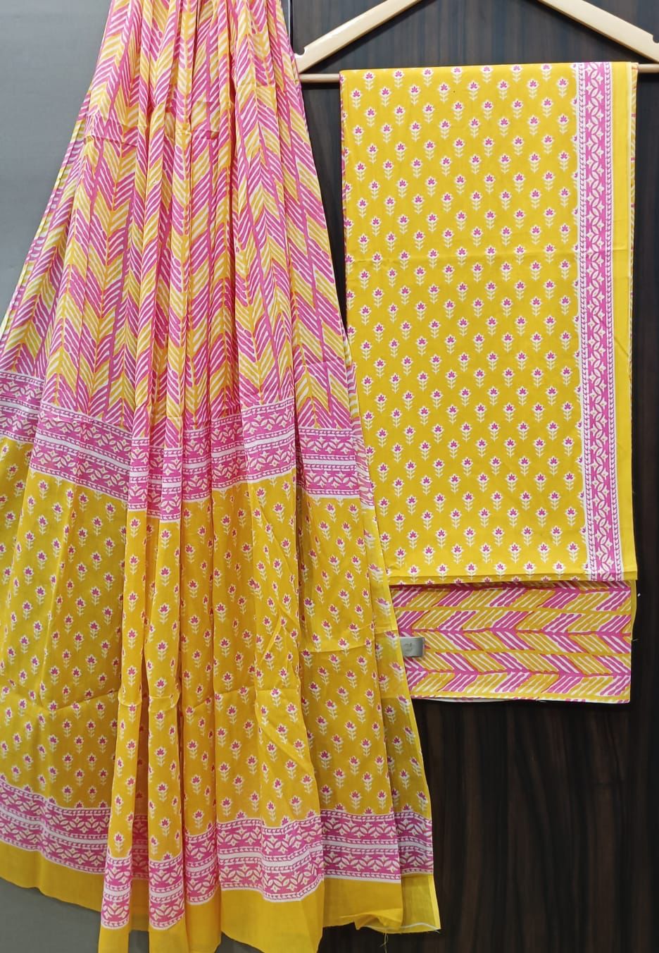 Pure hand block Cotton Bagru- Unstitched 3 piece Suit Material Yellow