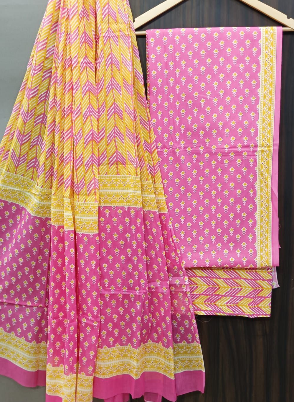 Pure hand block Cotton Bagru- Unstitched 3 piece Suit Material Yellow