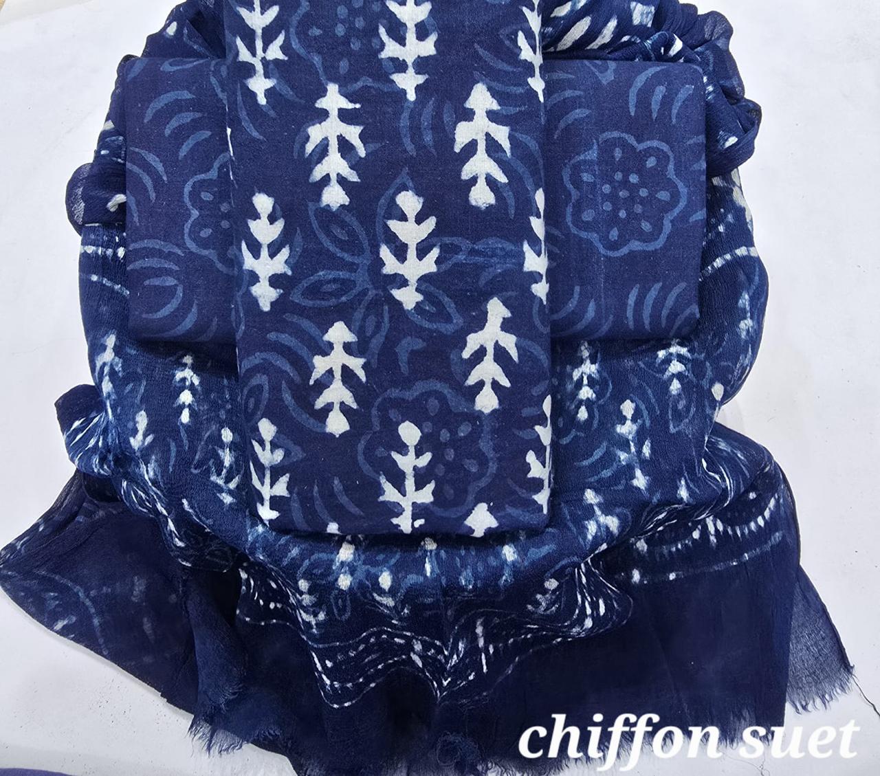 Pure hand block Cotton Bagru- Unstitched 3 piece Suit Material Blue