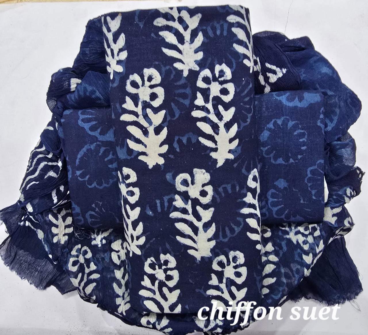 Pure hand block Cotton Bagru- Unstitched 3 piece Suit Material Blue