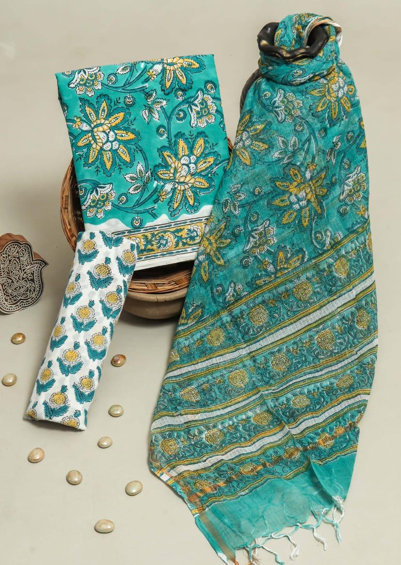 Hand block printed full kota Doriya 3 Piece unstitched Suit Materials Mix Colors