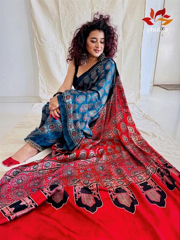 Modal Silk Ajrakh Saree With Natural Dyes - Indigo With Red