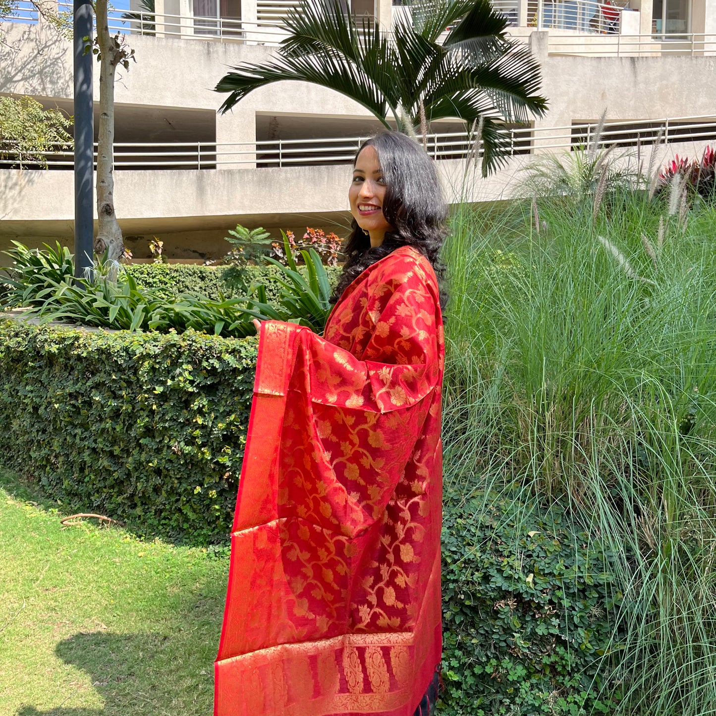 Banarasi Cotton Silk Dupatta with Floral Jaal - Red
