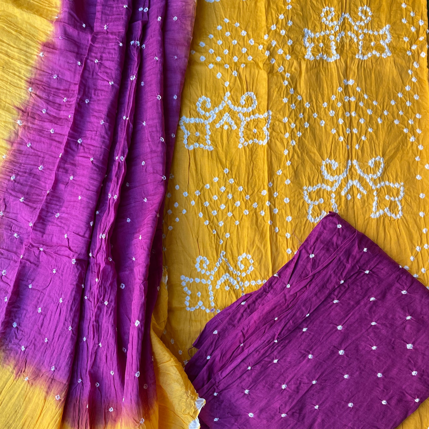 Hand Tied Bandhani Pure Soft Cotton Unstitched Salwar Suit Fabric - Yellow and Magenta