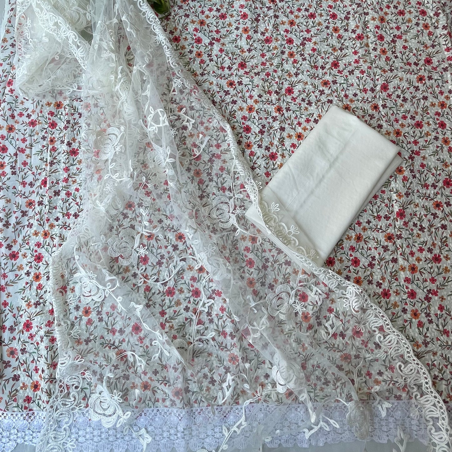 Pure Soft Cotton Unstitched Suit Material - White with Designer Net Dupatta