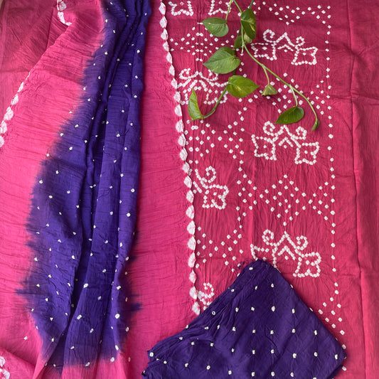 Hand Tied Bandhani Unstitched Salwar Suit Fabric - Pink and Purple