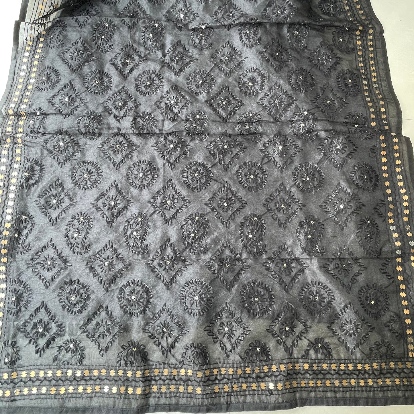 Hand-Embroidered Cotton Dupatta With Sequence Border - Black With Self Coloured Threadwork