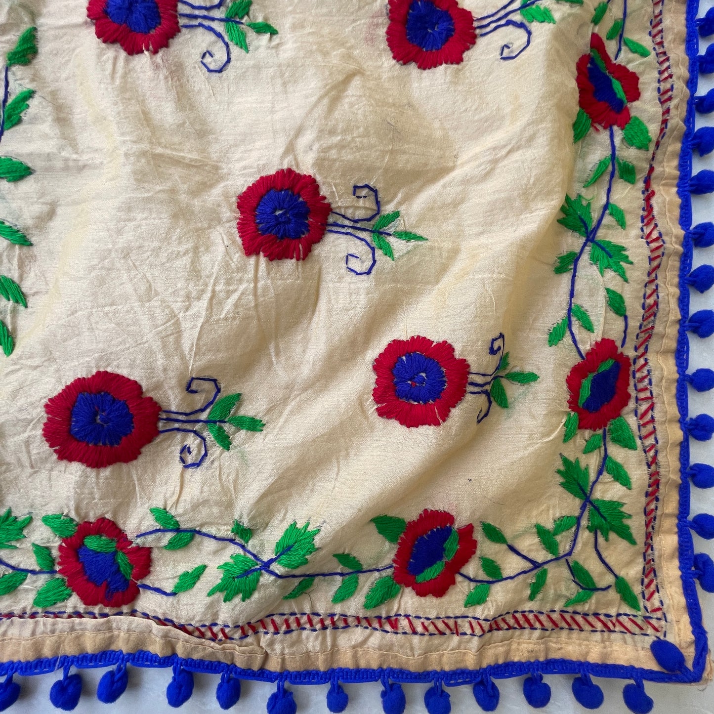 Hand-Embroidered Cotton Chanderi Dupatta- Beige and Blue