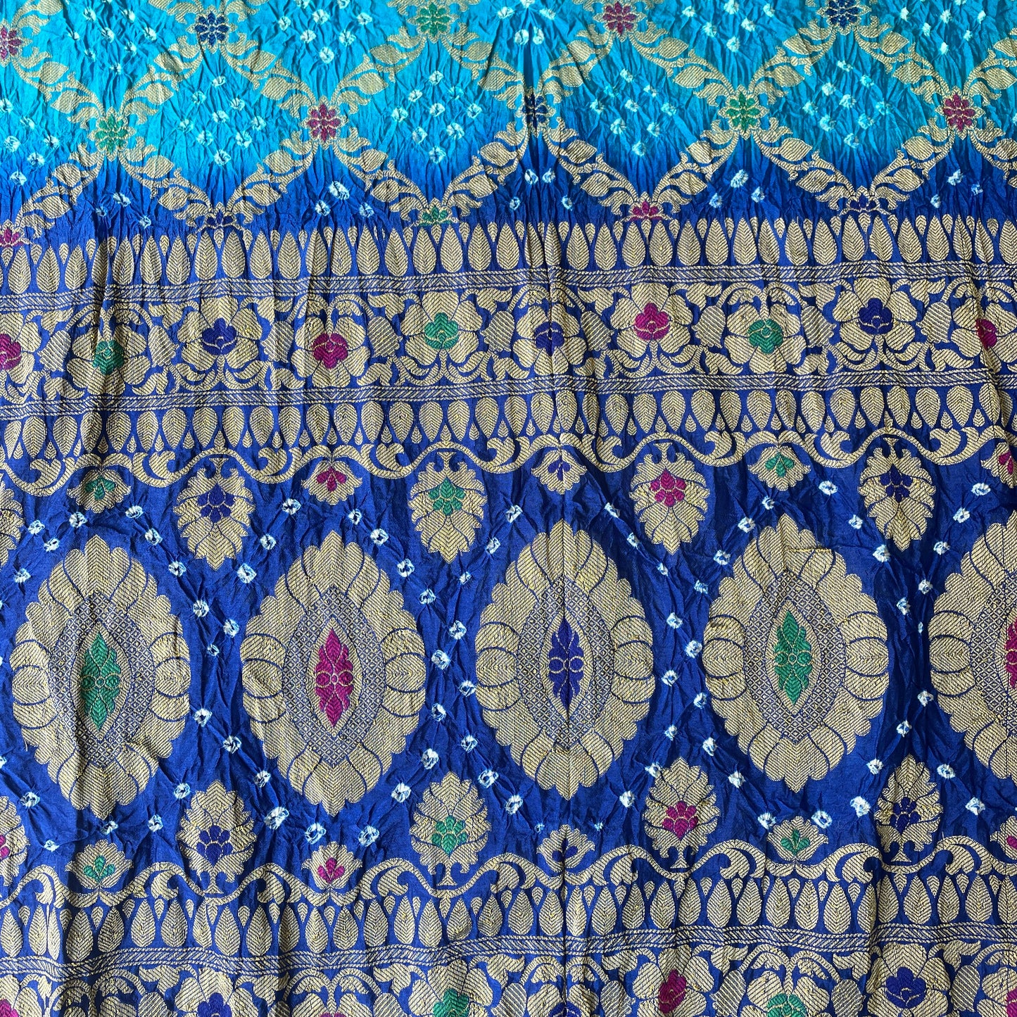 Hand Tied Bandhani Dupion Silk Unstitched Salwar Suit Fabric - Dark Blue and Light Blue