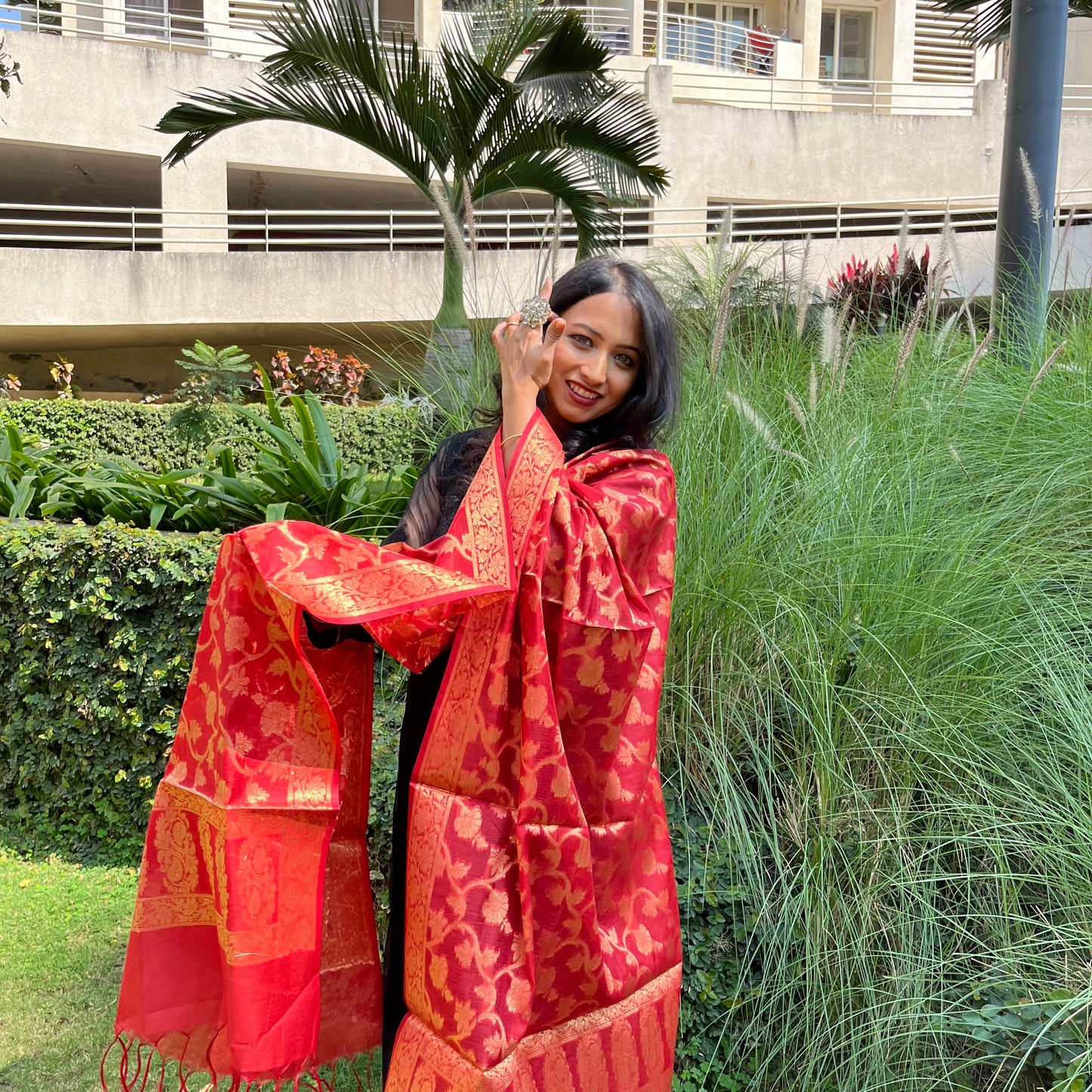 Banarasi Cotton Silk Dupatta with Floral Jaal - Red