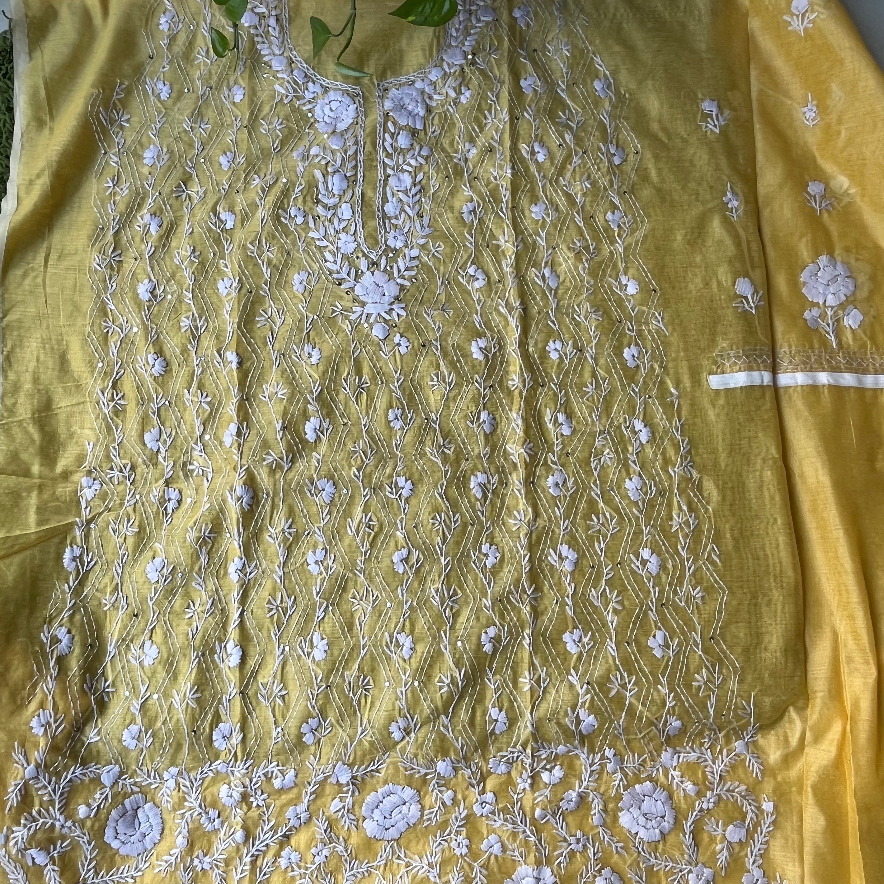 Hand Embroidered Unstitched Suit Material - Yellow And White