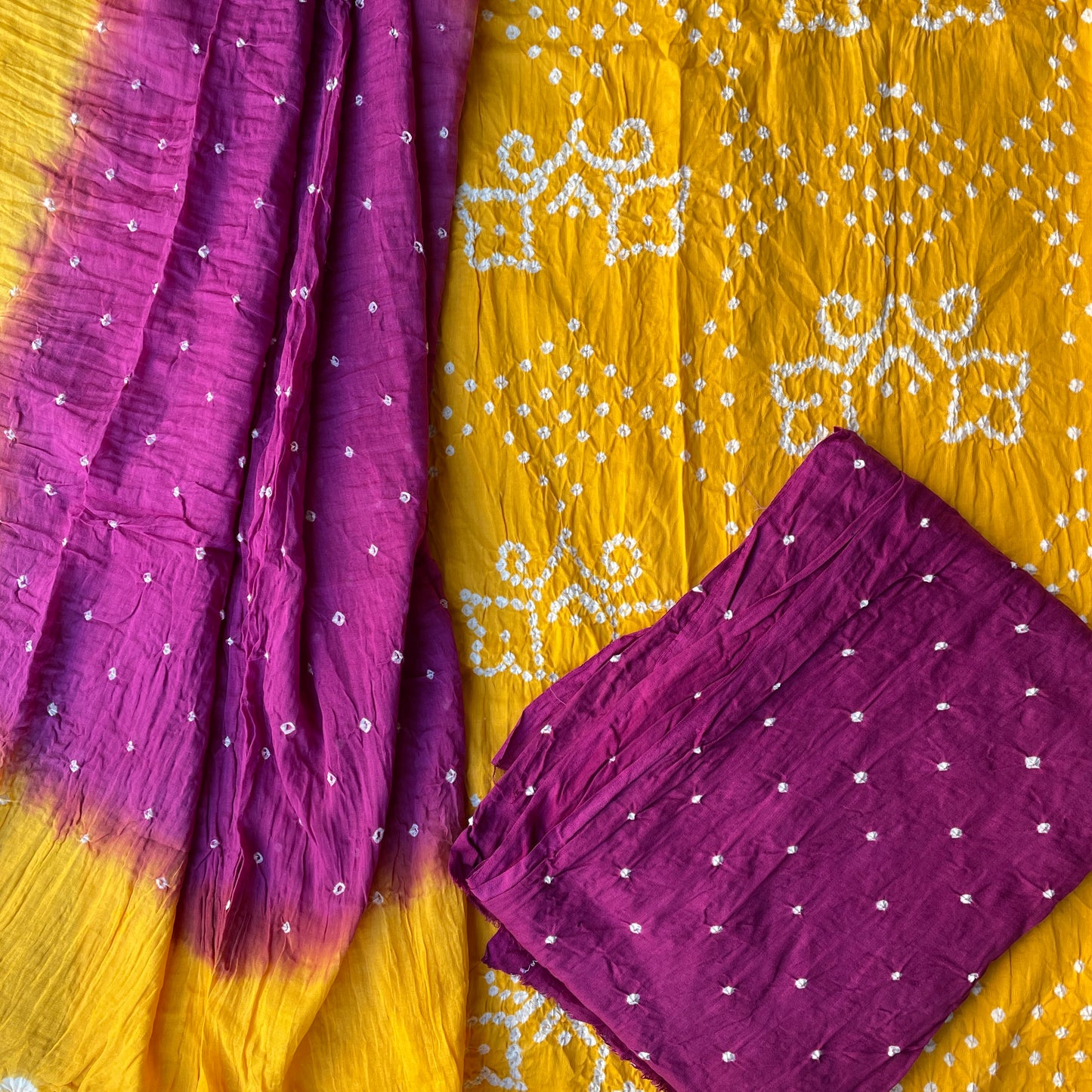 Hand Tied Bandhani Pure Soft Cotton Unstitched Salwar Suit Fabric - Yellow and Magenta