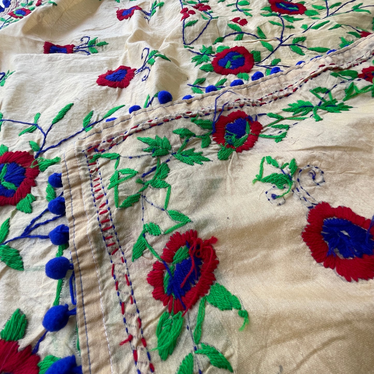 Hand-Embroidered Cotton Chanderi Dupatta- Beige and Blue