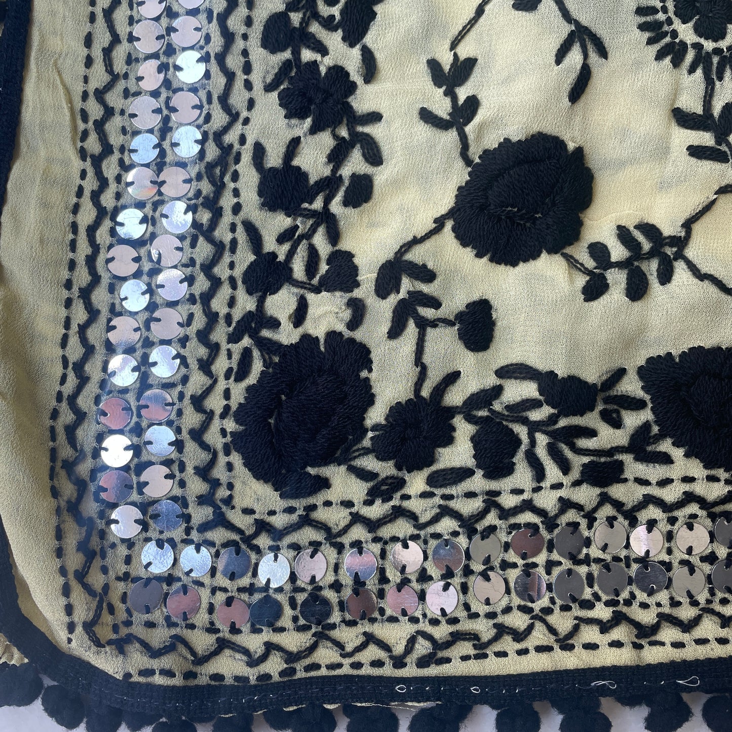 Chiffon Hand Embroidered Dupatta - Beige With Black Threadwork