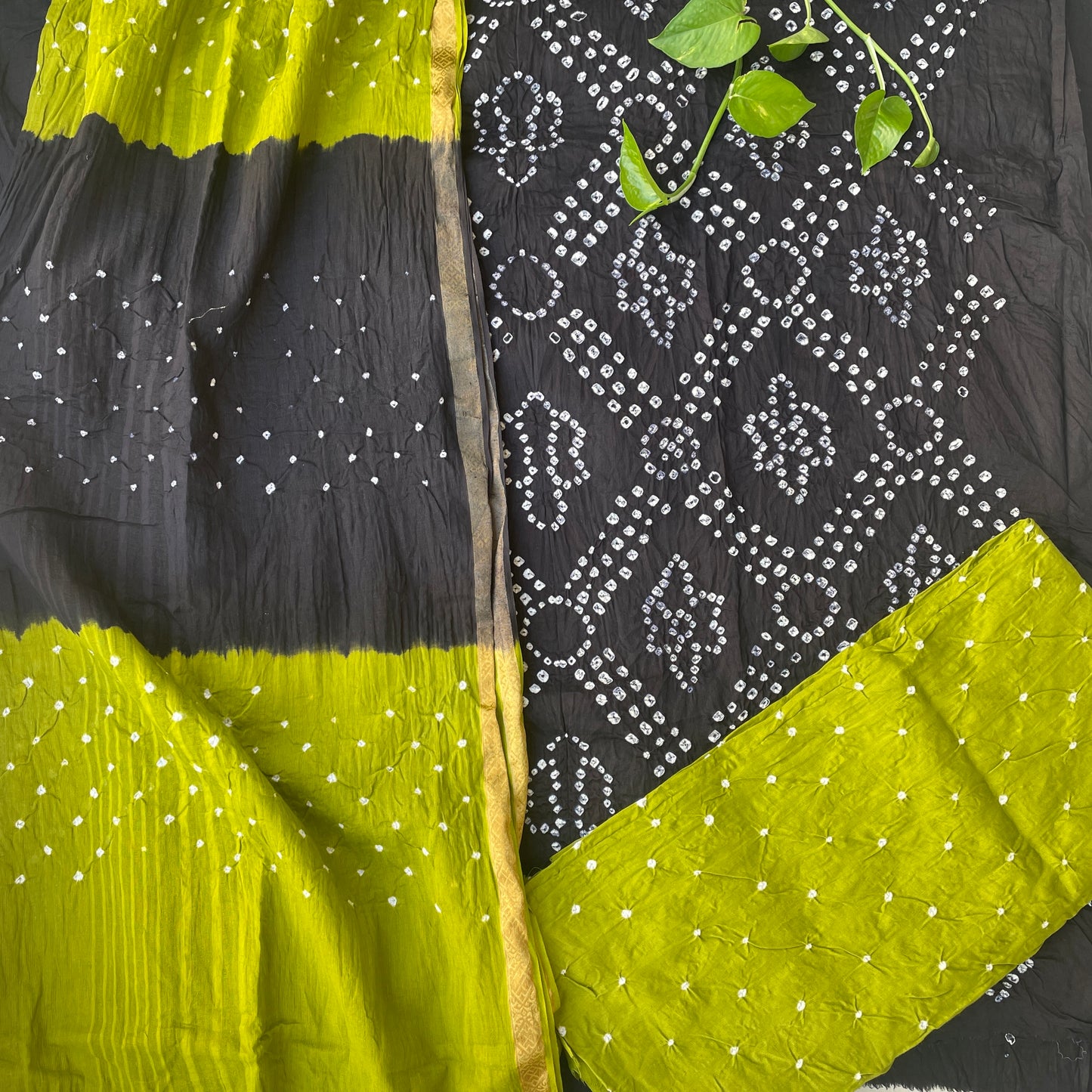 Hand Tied Bandhani Soft Cotton Unstitched Salwar Suit Fabric - Black and Olive Green
