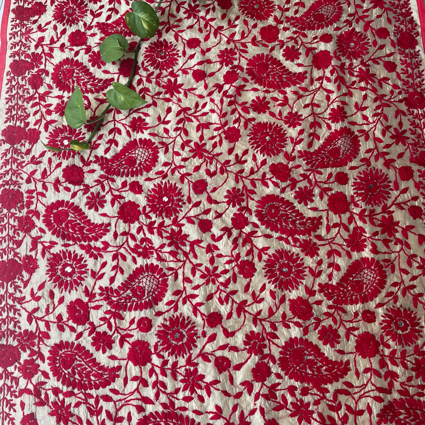 Hand-Embroidered Chanderi Dupatta- Beige With Red Coloured Threadwork