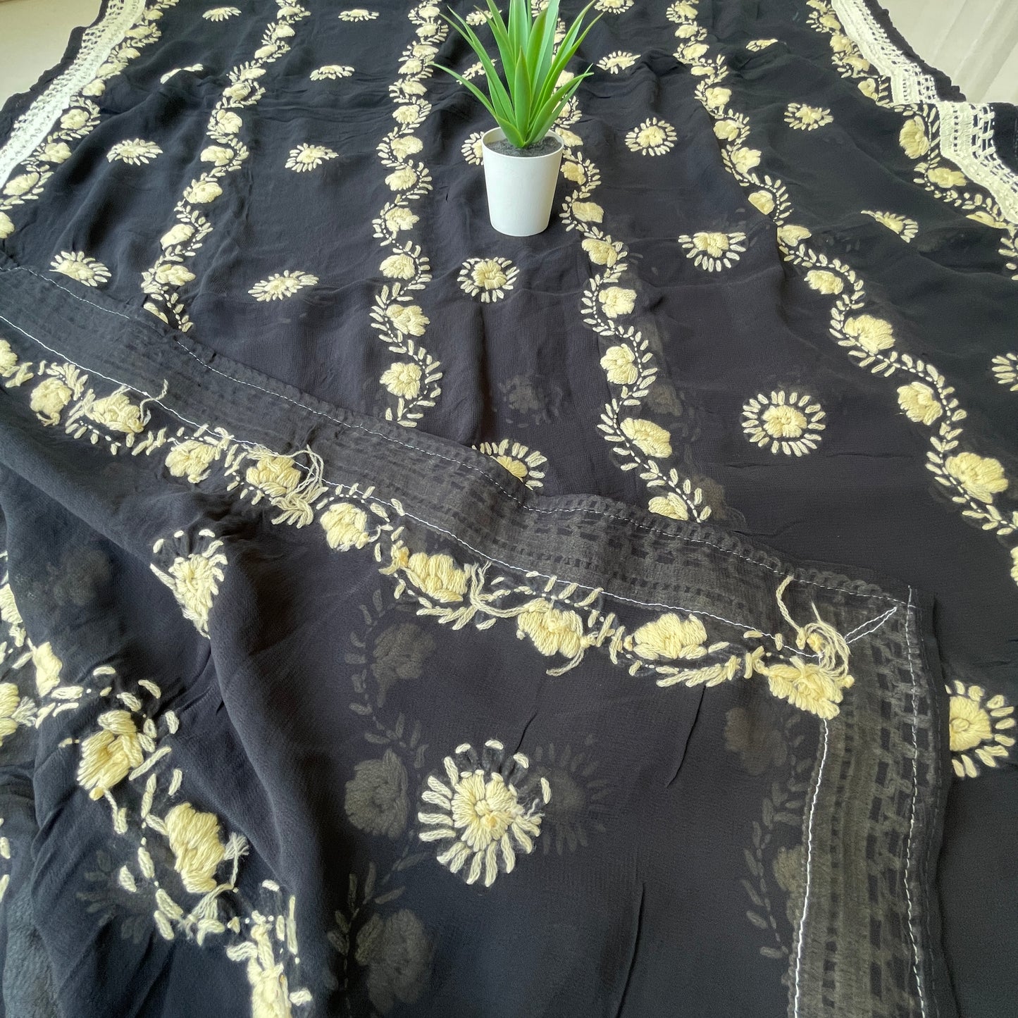 Hand-Embroidered Georgette Dupatta- Black With Beige Floral Embroidery