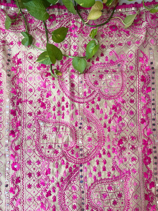 Hand-Embroidered Chanderi Dupatta- Beige With Pink Threadwork